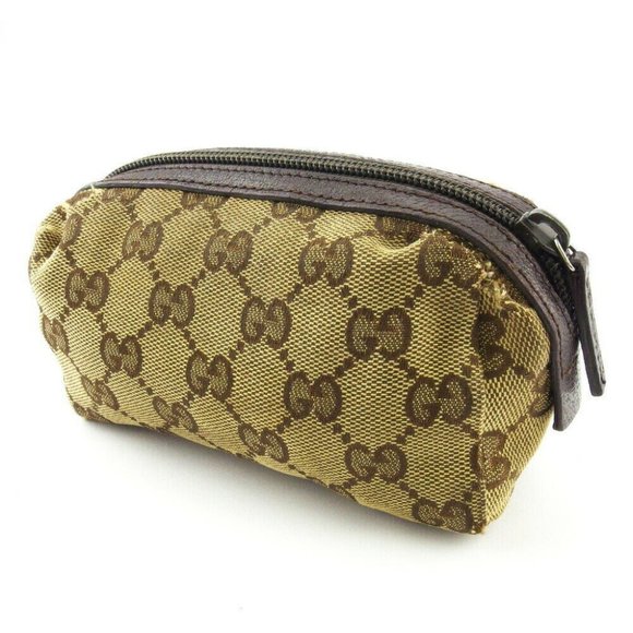 GUCCI Pouch GG Canvas Beige Canvas ~ Leather Authentic Used - Picture 1 of 8